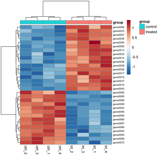 Clustered heatmap of the top 30 simulated genes drawn with pheatmap