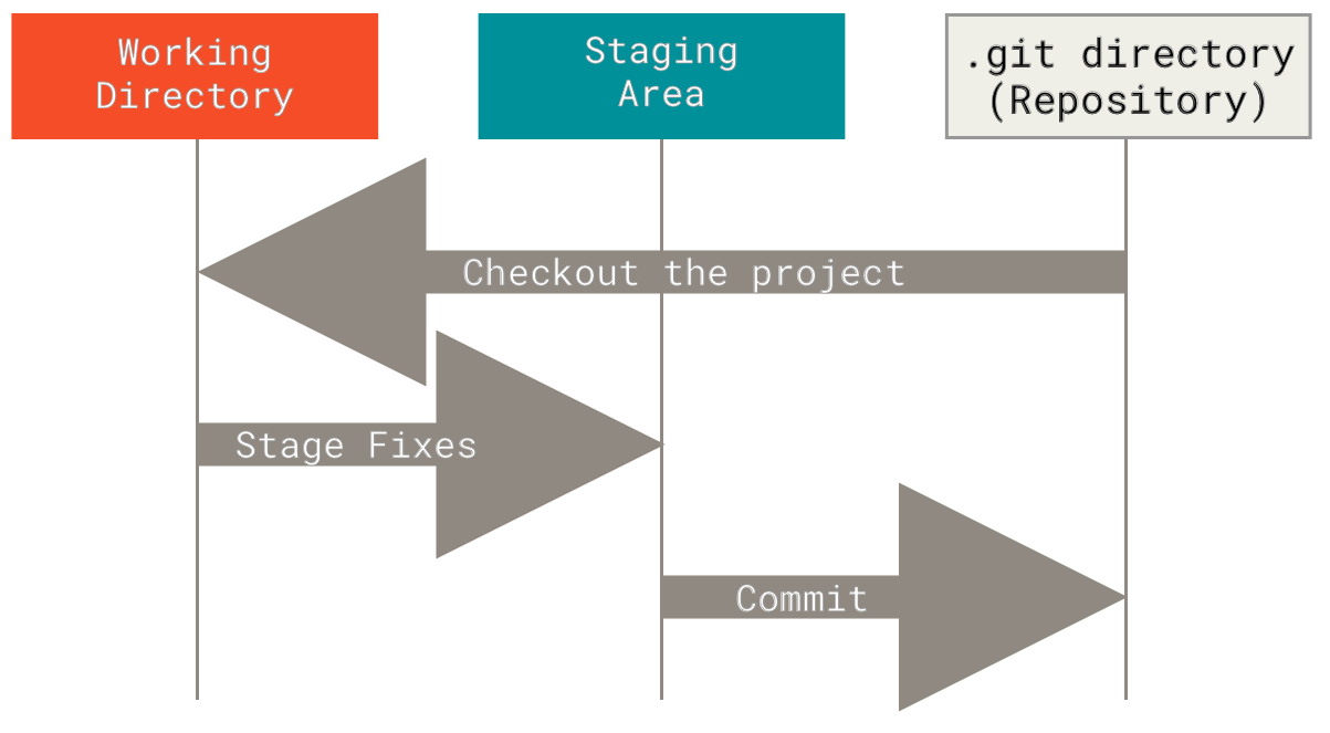 The working directory, staging area, and .git directory